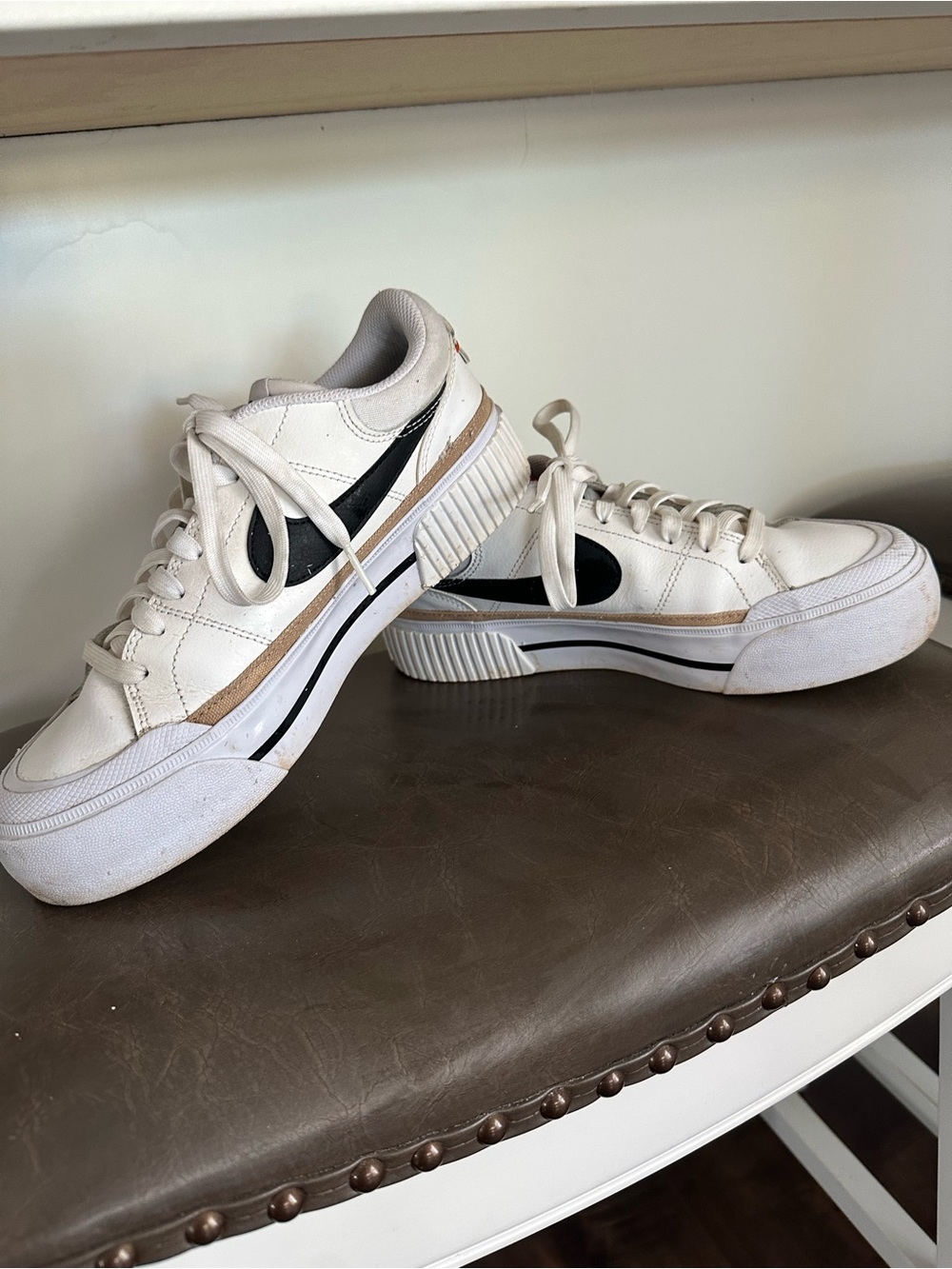 White Leather Nike with Black Swoosh and Tan Accent